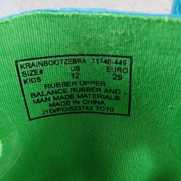 BOGS Blue Green Zebra Tall Rainboot Kids Waterproof Shoes Size 12 - Picture 7 of 7